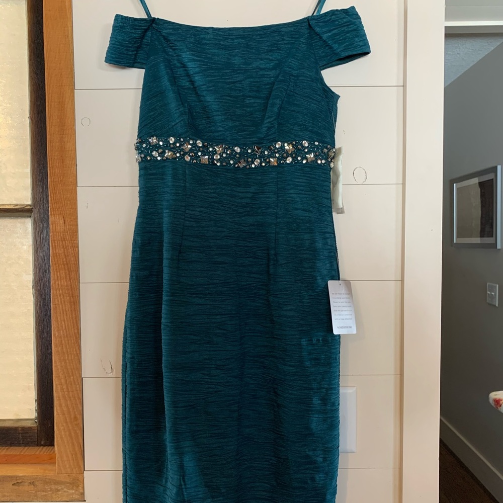 Off the shoulder blue-green cocktail dress